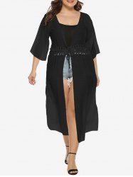 Cardigan Noué Long en Crochet Transparent Grande-Taille - Noir Taille Unique