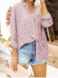 Jacquard Turn Down Collar Long Sleeve Button Up Blouse -  