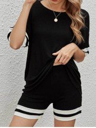 Textured Striped Print Half Sleeve T Shirt And Elastic Waist Shorts Sports Set -  