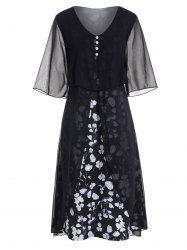 Allover Flower Print See Thru Mesh Overlay Mock Button Half Sleeve A Line Midi Dress -  