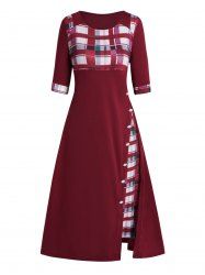 Robe Mi-Longue Ligne A à Carreaux Imprimé à Demi-Manches - Rouge M