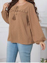 Plus Size Swiss Dots Plain Color Tied Tassel Round Neck Long Sleeve Blouse -  