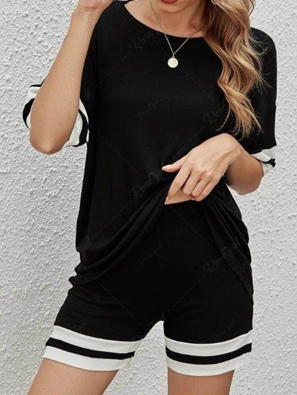 Online Textured Striped Print Half Sleeve T Shirt And Elastic Waist Shorts Sports Set  
