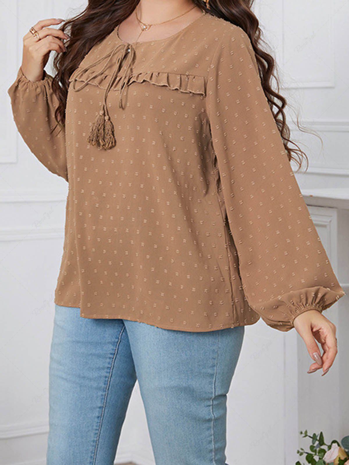 Outfit Plus Size Swiss Dots Plain Color Tied Tassel Round Neck Long Sleeve Blouse  