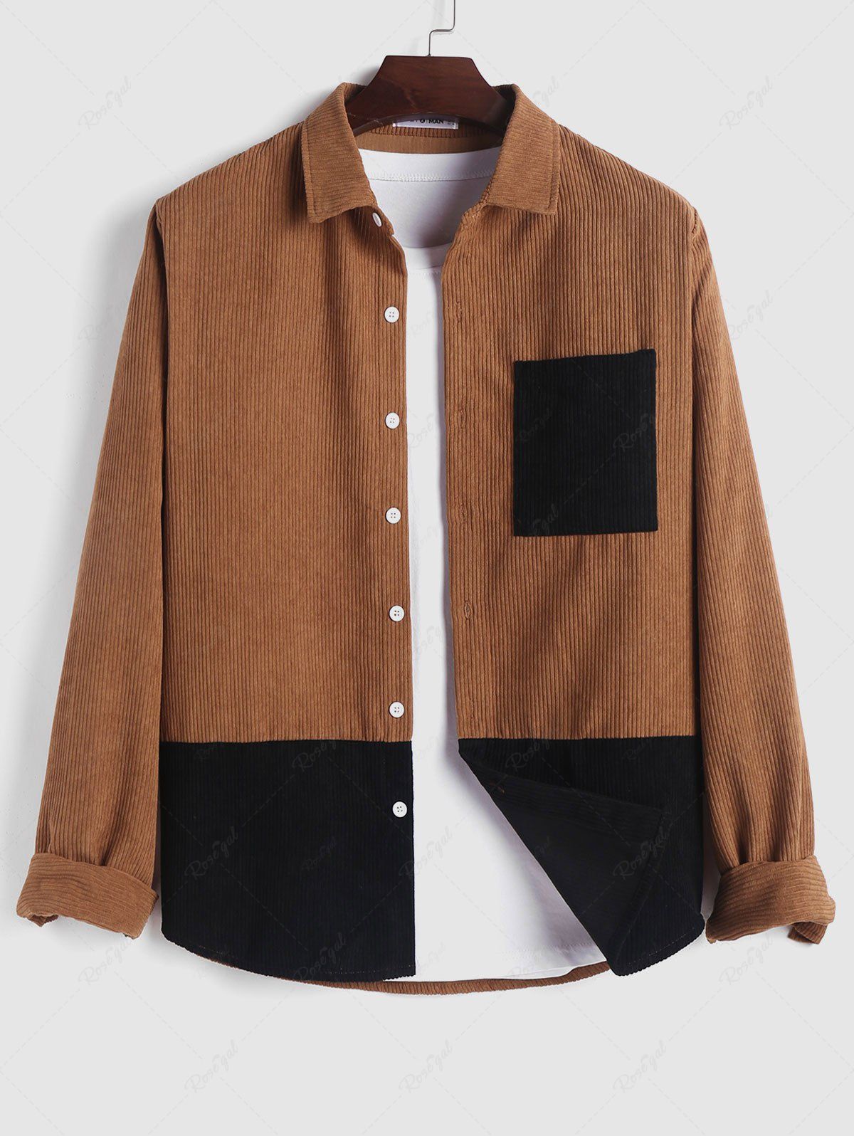 Chic Two Tone Colorblock Geometric Pattern Spliced Corduroy Shirt  