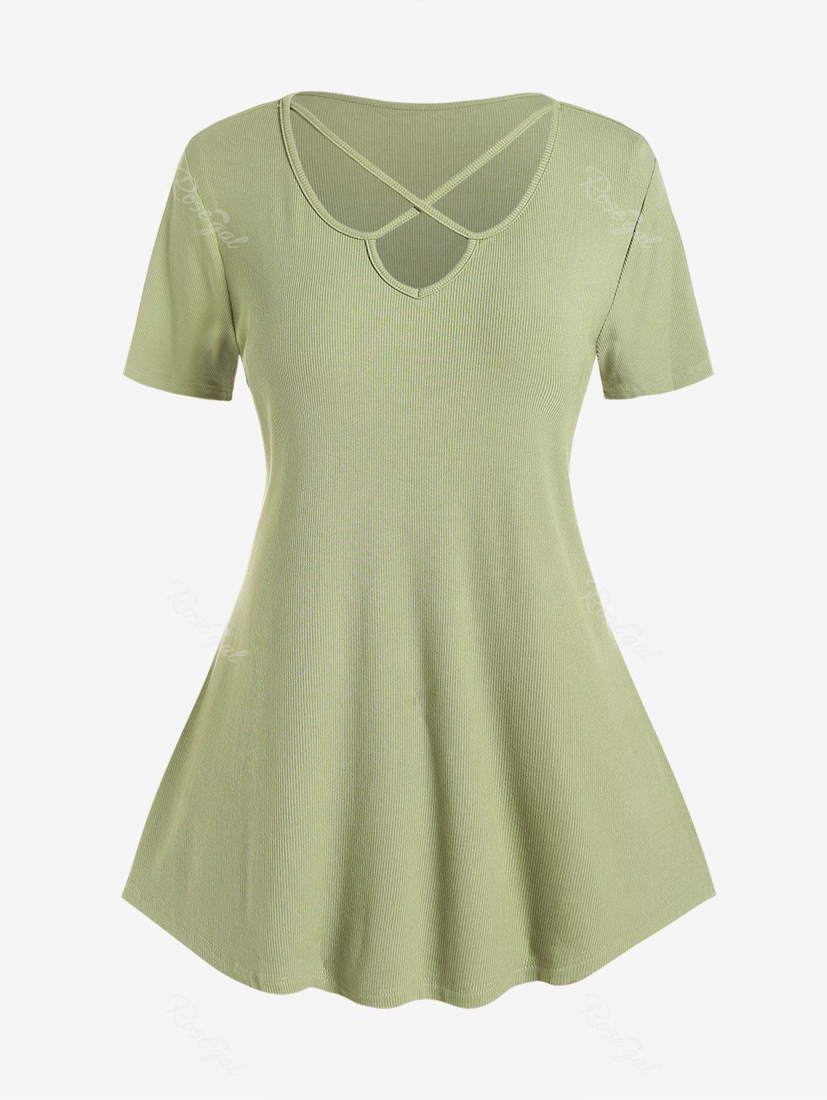 New Plus Size Crisscross Short Sleeves Ribbed Tee  
