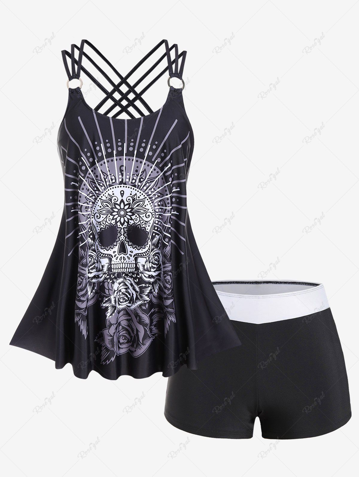 Hot Plus Size Modest Skull Rose Print Rings Crisscross Boyshorts Tankini Swimsuit  