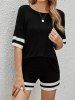 Textured Striped Print Half Sleeve T Shirt And Elastic Waist Shorts Sports Set -  