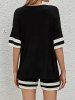 Textured Striped Print Half Sleeve T Shirt And Elastic Waist Shorts Sports Set -  