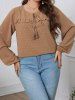 Plus Size Swiss Dots Plain Color Tied Tassel Round Neck Long Sleeve Blouse -  
