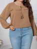 Plus Size Swiss Dots Plain Color Tied Tassel Round Neck Long Sleeve Blouse -  