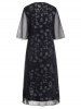 Allover Flower Print See Thru Mesh Overlay Mock Button Half Sleeve A Line Midi Dress -  