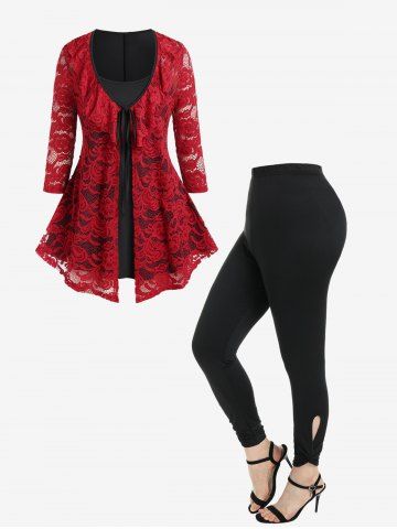 Valentines Two Tone Tie Twofer Lace Tee and High Rise Cutout Twist Leggings Plus Size Outfit