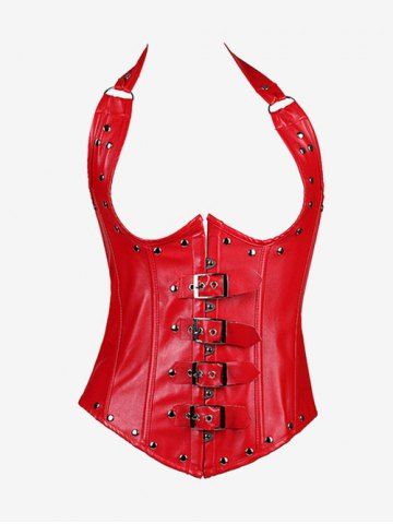 Gothic Halter Faux Leather Studs Buckle Boning Underbust Corset - RED - 4XL