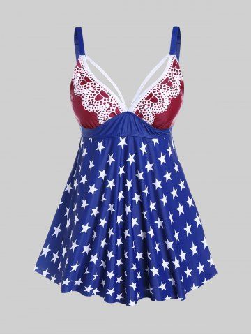 Plus Size Patriotic Star Print Modest Tankini Swimsuit - DEEP BLUE - M | US 10