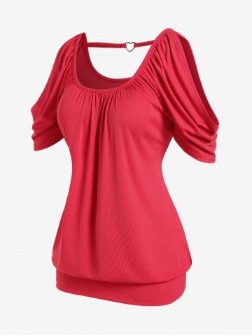 Plus Size Valentines Heart-ring Ribbed Cold Shoulder Blouson Tee - RED - 1X | US 14-16