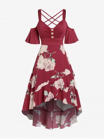 Vestido Hombro Descubierto Volantes Diseño Floral - RED - 5X | US 30-32
