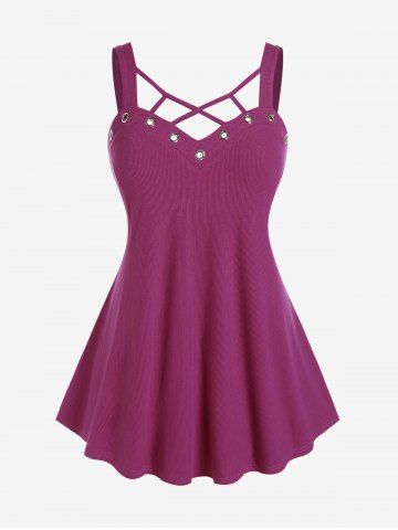 Plus Size Grommets Caged Cutout Strappy Ribbed Tank Top - PURPLE - 1X | US 14-16