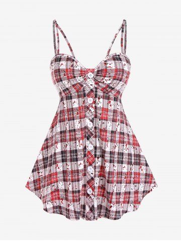 Plus Size Plaid Backless Cami Top with Buttons - RED - 1X | US 14-16