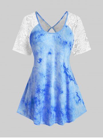 Plus Size Lace Panel Cutout Tie Dye Raglan Sleeves Tee - LIGHT BLUE - M | US 10