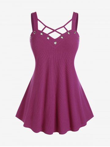 Plus Size Grommets Caged Cutout Strappy Ribbed Tank Top - PURPLE - M | US 10