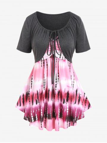 Plus Size Tie Short Sleeves Cropped Top and Tie Dye Tank Top Set - LIGHT PINK - 3X | US 22-24