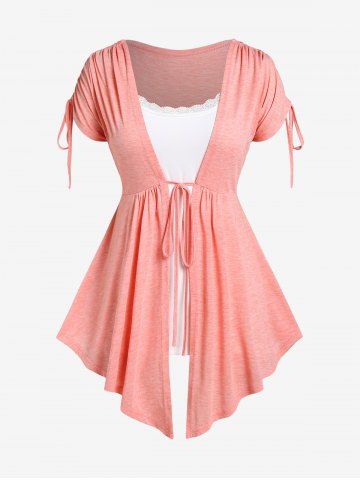 Plus Size Cinched Ruched Tie Top and Lace Panel Cami Top Set - LIGHT PINK - M | US 10