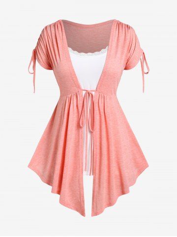 Plus Size Cinched Ruched Tie Top and Lace Panel Cami Top Set - LIGHT PINK - L | US 12