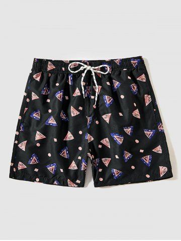 Short de Plage Motif Géométrique à Cordon - BLACK - XL