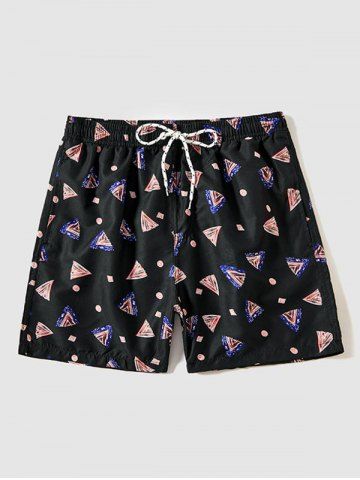 Geometric Pattern Drawstring Beach Shorts - BLACK - S
