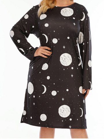 Plus Size Sun Moon Star Print Round Neck Long Sleeve Trapeze Midi Dress - BLACK - 1XL