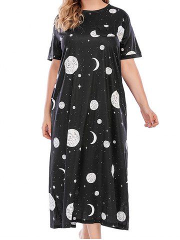 Plus Size Sun Moon Star Print Front Pocket Short Sleeve Trapeze Midi Dress - BLACK - 1XL