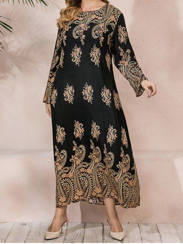 Plus Size Baroque Print Braid Belted High Waisted Long Sleeve A Line Maxi Dress - BLACK - 1XL