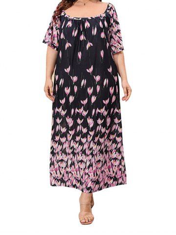 Plus Size Flower Print Scoop Neck Half Sleeve Trapeze Maxi Dress - BLACK - 1XL