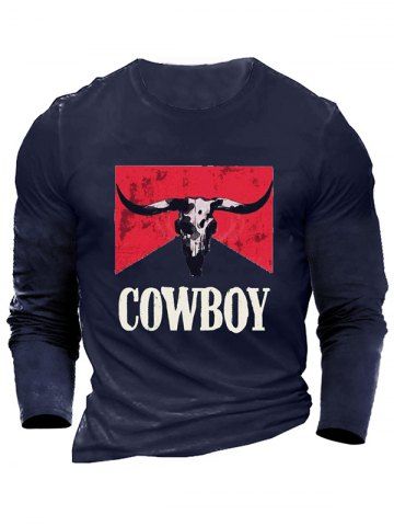 COWBOY Animal Print Long Sleeve Casual T-shirt - BLUE - M