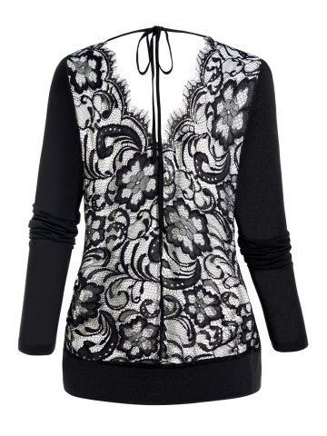 Sheer Flower Lace Panel Long Sleeve Top - BLACK - M