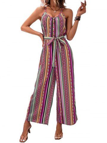 Bohemian Geometric Printed Belted High Waisted Spaghetti Strap Wide Leg Jumpsuit - MULTI-A - S