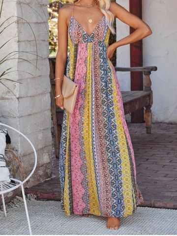 Robe Maxi Trapèze à Taille Empire Imprimée Colorée sans Manches Style Bohémien - MULTI-A - M