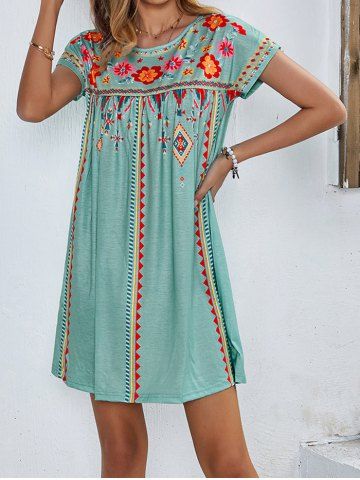 Colored Flower Geometric Printed Round Neck Short Sleeve A Line Mini Dress - GREEN - S