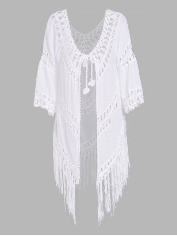 Sheer Hollow Out Crochet Tassel Beach Swimwear Cover-Ups - WHITE - ONE SIZE