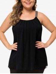 Plus Size Beaded Shoulder Straps Pleated Detail Tank Top -  