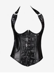 Corset Sous Poitrine Gothique Bouclé en Faux Cuir à Col Halter - Noir 5XL