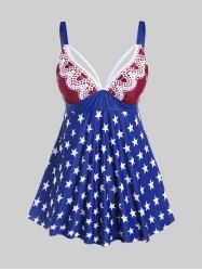 Plus Size Patriotic Star Print Modest Tankini Swimsuit -  
