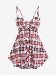 Plus Size Plaid Backless Cami Top with Buttons -  