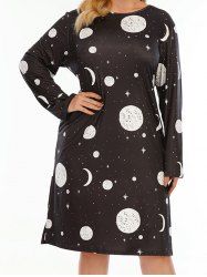 Robe Mi-Longue Trapèze à Col Rond à Imprimé Soleil Lune et Etoiles Grande-Taille - Noir 1XL