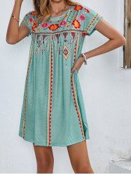 Colored Flower Geometric Printed Round Neck Short Sleeve A Line Mini Dress -  
