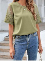 Embroidery Leaf Mesh Panel Plain Color Half Sleeve Casual Blouse -  