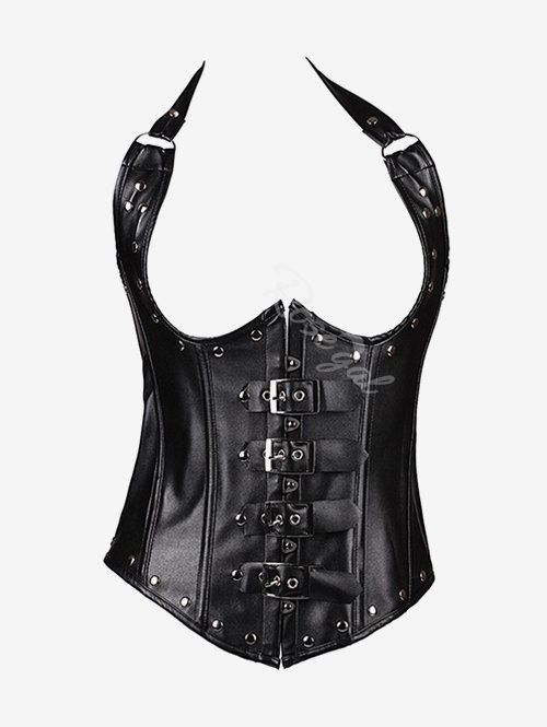 Store Gothic Halter Faux Leather Studs Buckle Boning Underbust Corset  