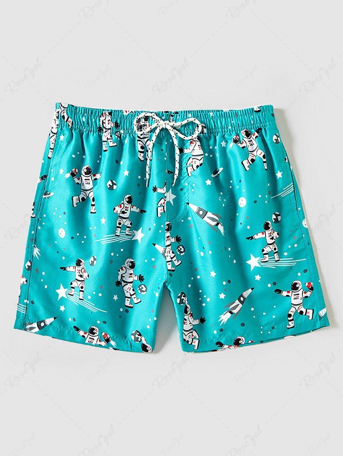 Chic Astronaut Star Printed Drawstring Beach Board Shorts  