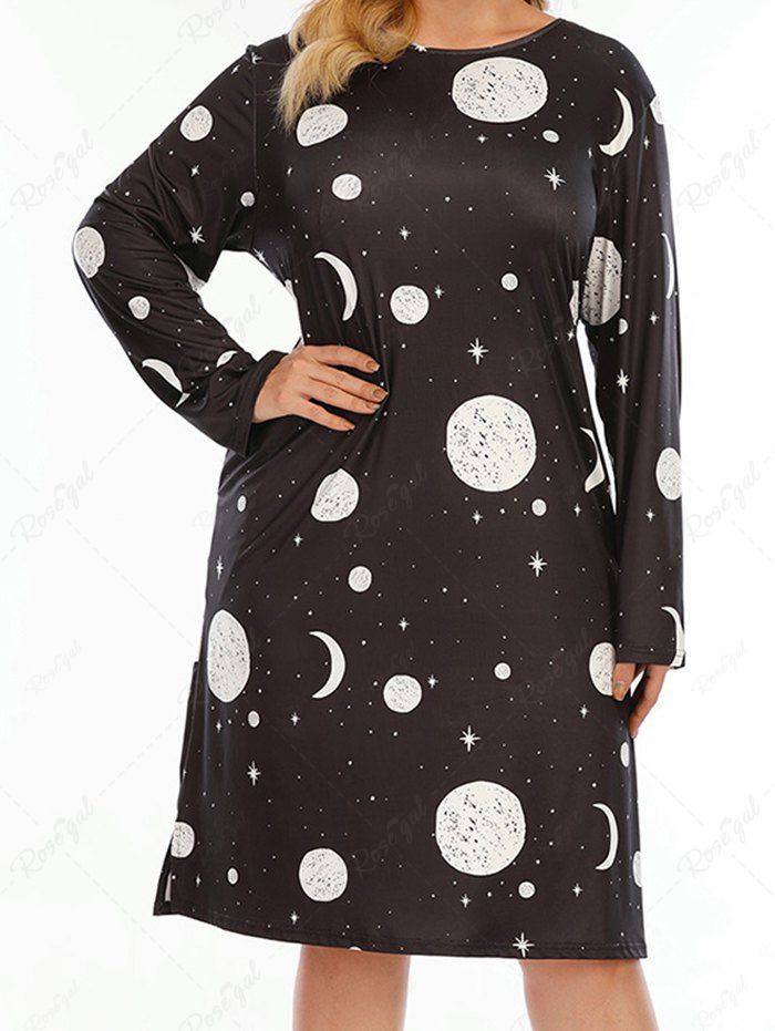 Robe Mi-Longue Trapèze à Col Rond à Imprimé Soleil Lune et Etoiles Grande-Taille Noir 1XL